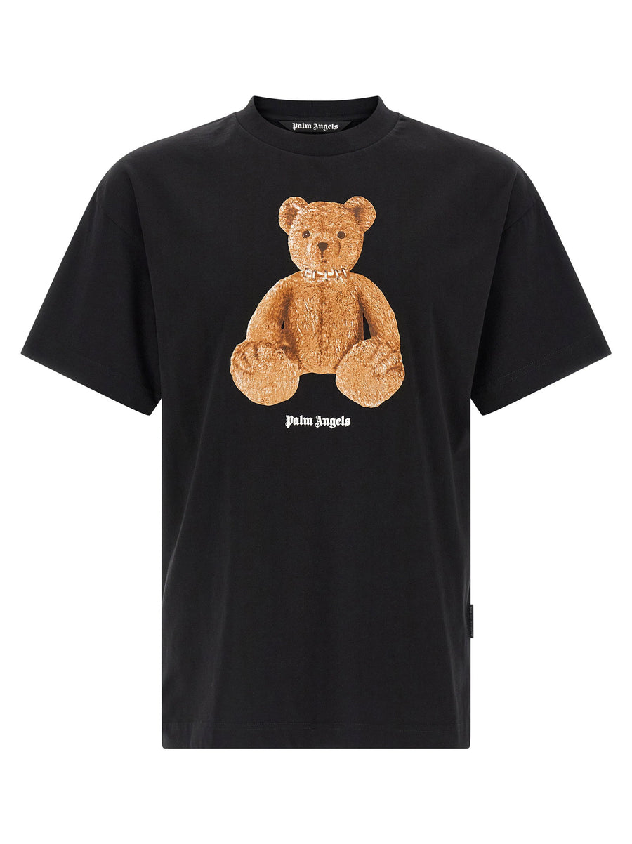 Palm Angels Bear Graphic Tee For Men Luxury 100 Percent Cotton Black Crew Neck Front Logo Premium Streetwear Style