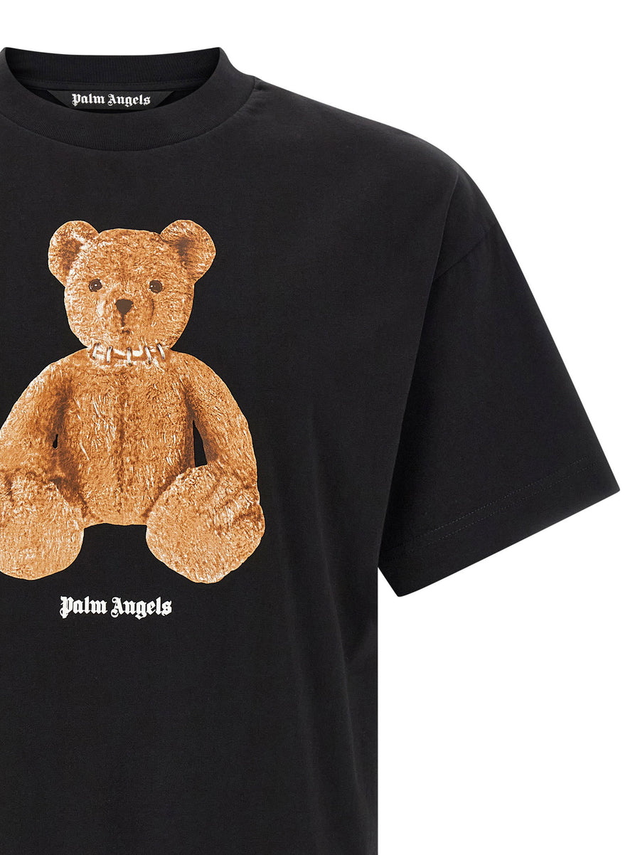 Palm Angels Bear Graphic Tee For Men Luxury 100 Percent Cotton Black Crew Neck Front Logo Premium Streetwear Style