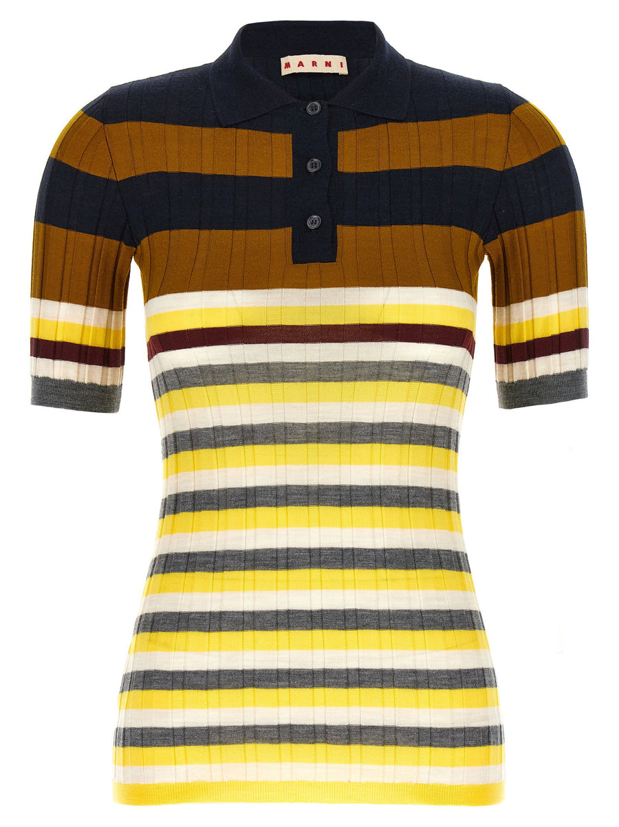Marni Ribbed Wool Polo Shirt For Women Luxurious Stretch Virgin Wool Multicolor Striped Knit Wardrobe Essential