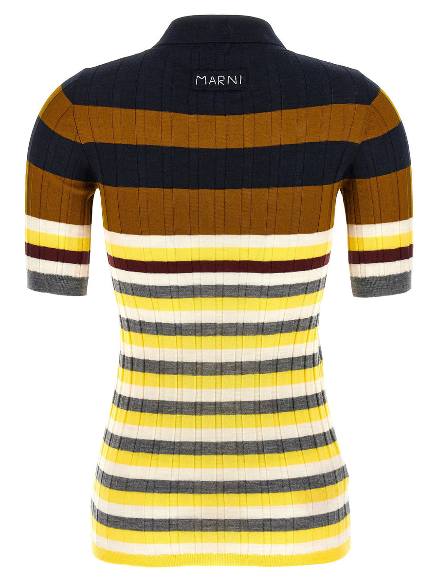 Marni Ribbed Wool Polo Shirt For Women Luxurious Stretch Virgin Wool Multicolor Striped Knit Wardrobe Essential