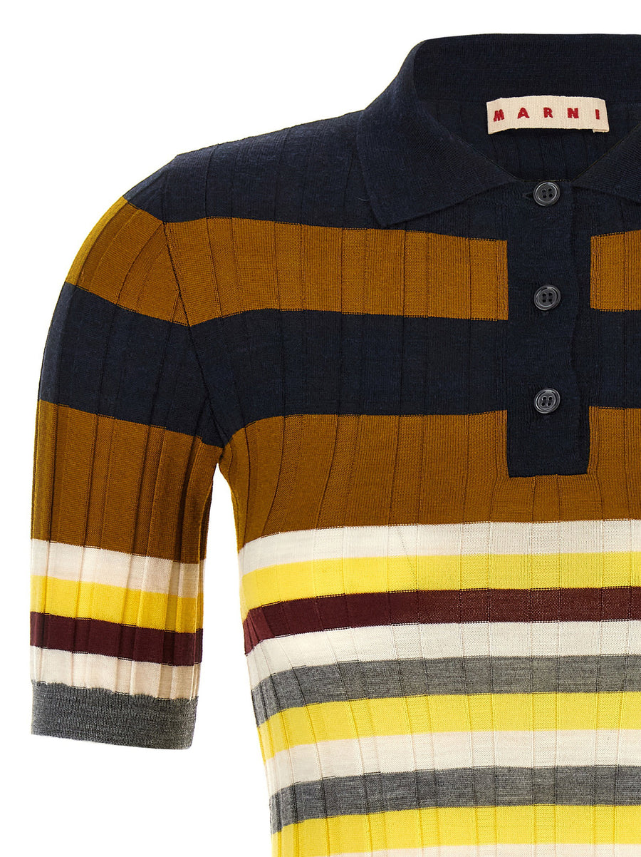 Marni Ribbed Wool Polo Shirt For Women Luxurious Stretch Virgin Wool Multicolor Striped Knit Wardrobe Essential