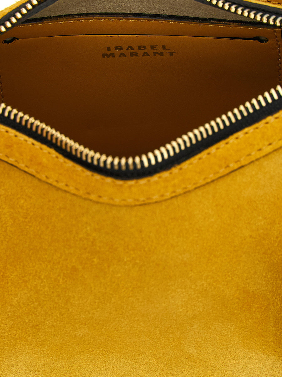 Isabel Marant Oskan Moon Suede Shoulder Bag with Woven Leather Piping Zip Closure Adjustable Removable Strap for Women