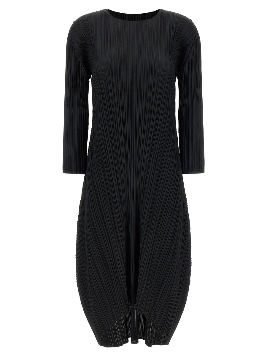 Pleats Please Issey Miyake Black Pleated Midi Dress For Women With Architectural Detail Luxury