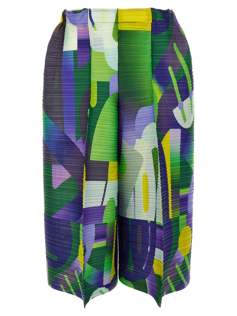 Issey Miyake Pleats Please Playground Pants Women Multicolor Cropped Pleated Trousers With Bold Graphic Print