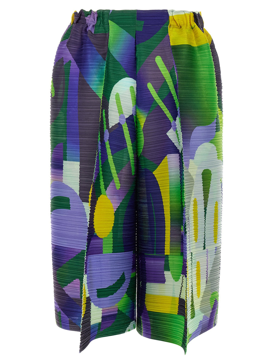 Issey Miyake Pleats Please Playground Pants Women Multicolor Cropped Pleated Trousers With Bold Graphic Print
