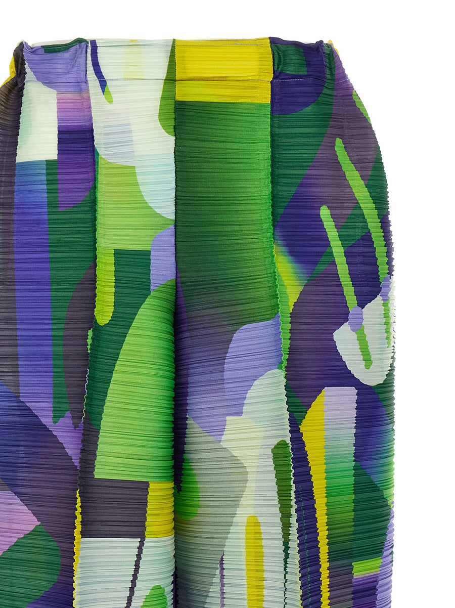 Issey Miyake Pleats Please Playground Pants Women Multicolor Cropped Pleated Trousers With Bold Graphic Print