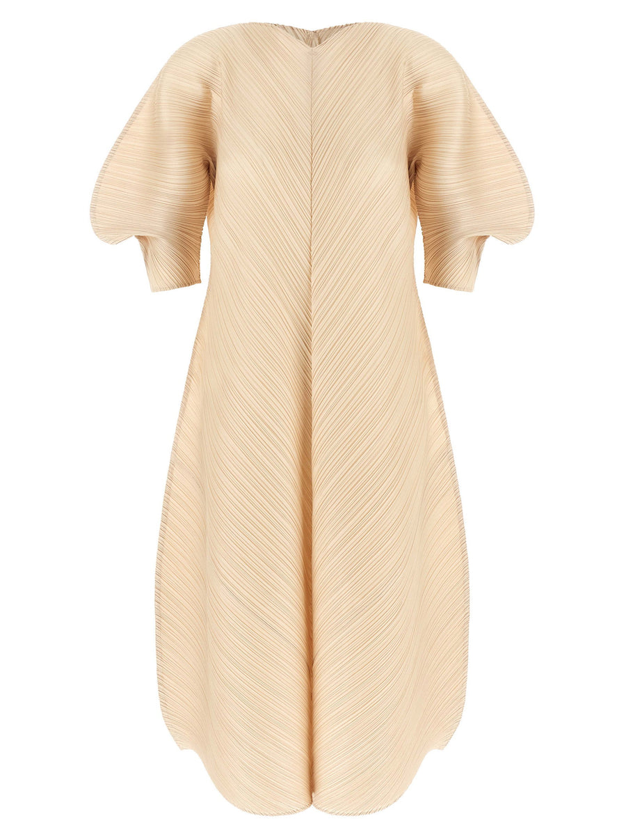 Pleats Please Issey Miyake Beige Midi Dress Sculptural Sleeve