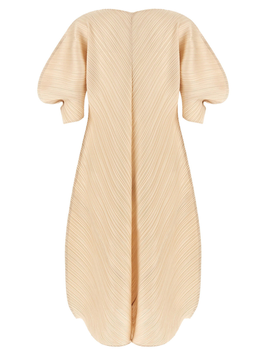 Pleats Please Issey Miyake Beige Midi Dress Sculptural Sleeve