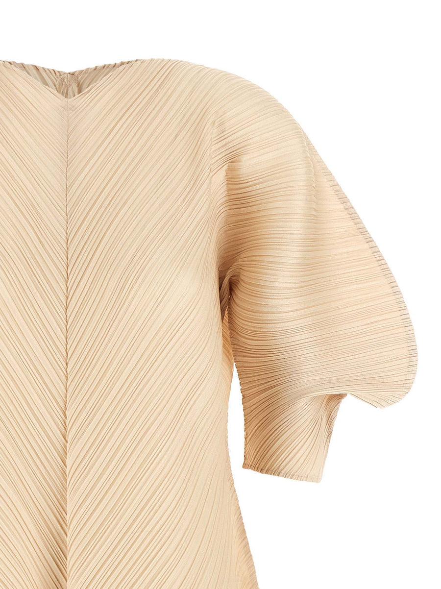 Pleats Please Issey Miyake Beige Midi Dress Sculptural Sleeve
