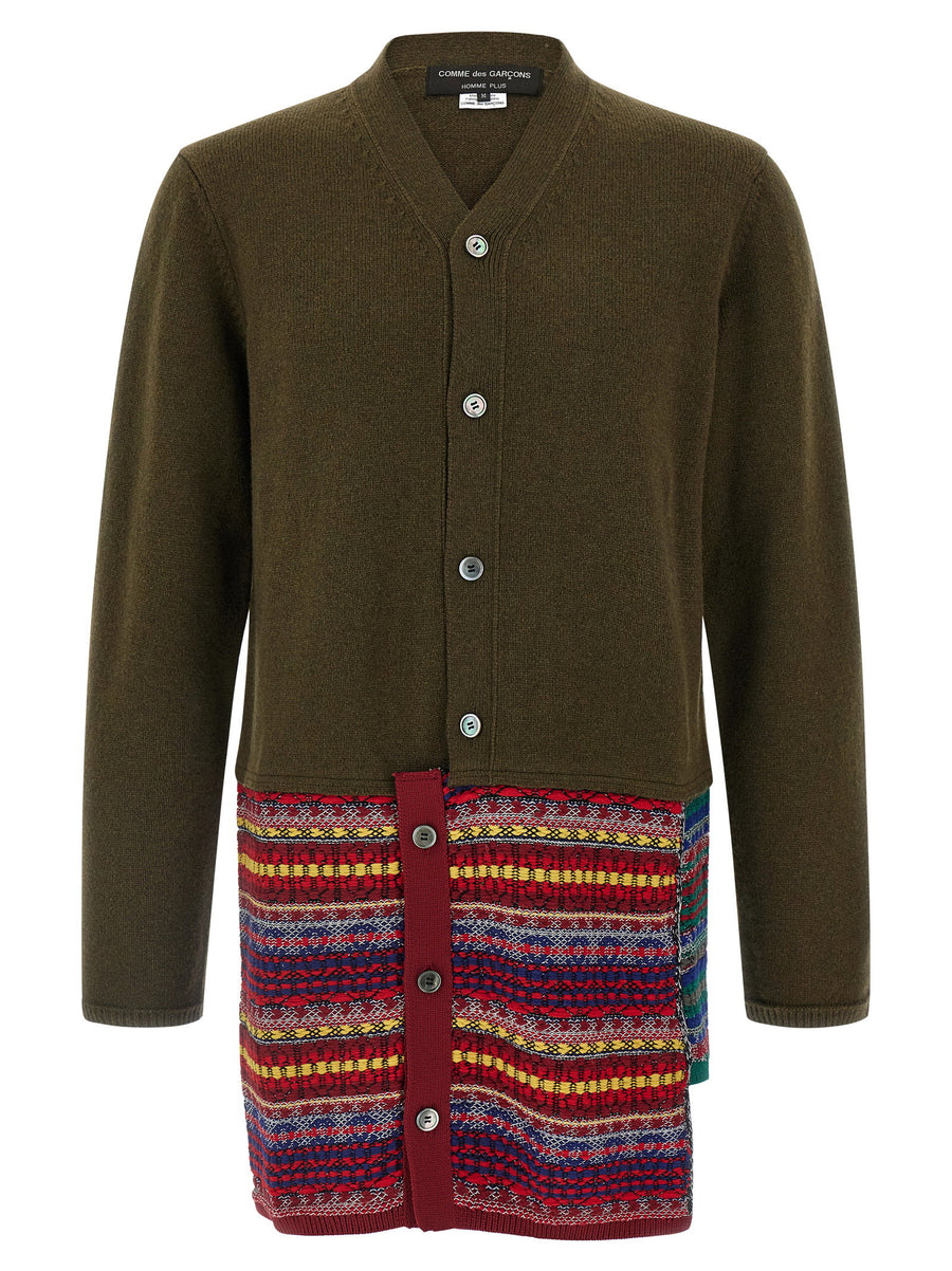 Comme Des Garçons Homme Plus Luxurious Jacquard Insert Cardigan in Green with Asymmetrical Hem Detail for Modern Men