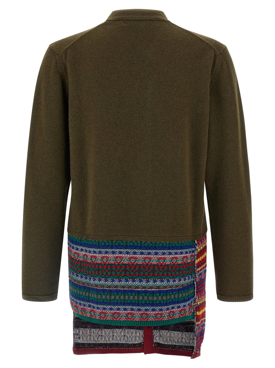 Comme Des Garçons Homme Plus Luxurious Jacquard Insert Cardigan in Green with Asymmetrical Hem Detail for Modern Men