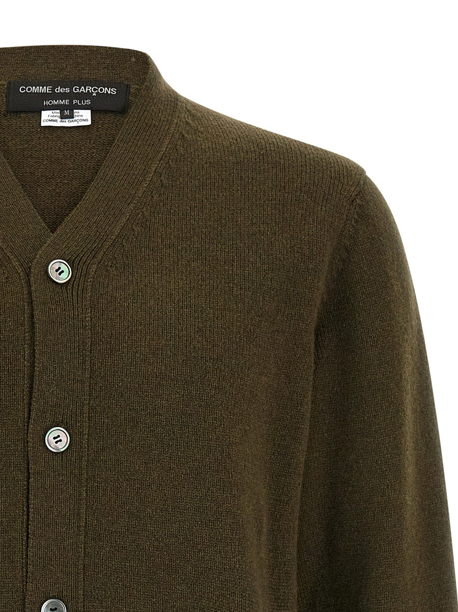Comme Des Garçons Homme Plus Luxurious Jacquard Insert Cardigan in Green with Asymmetrical Hem Detail for Modern Men