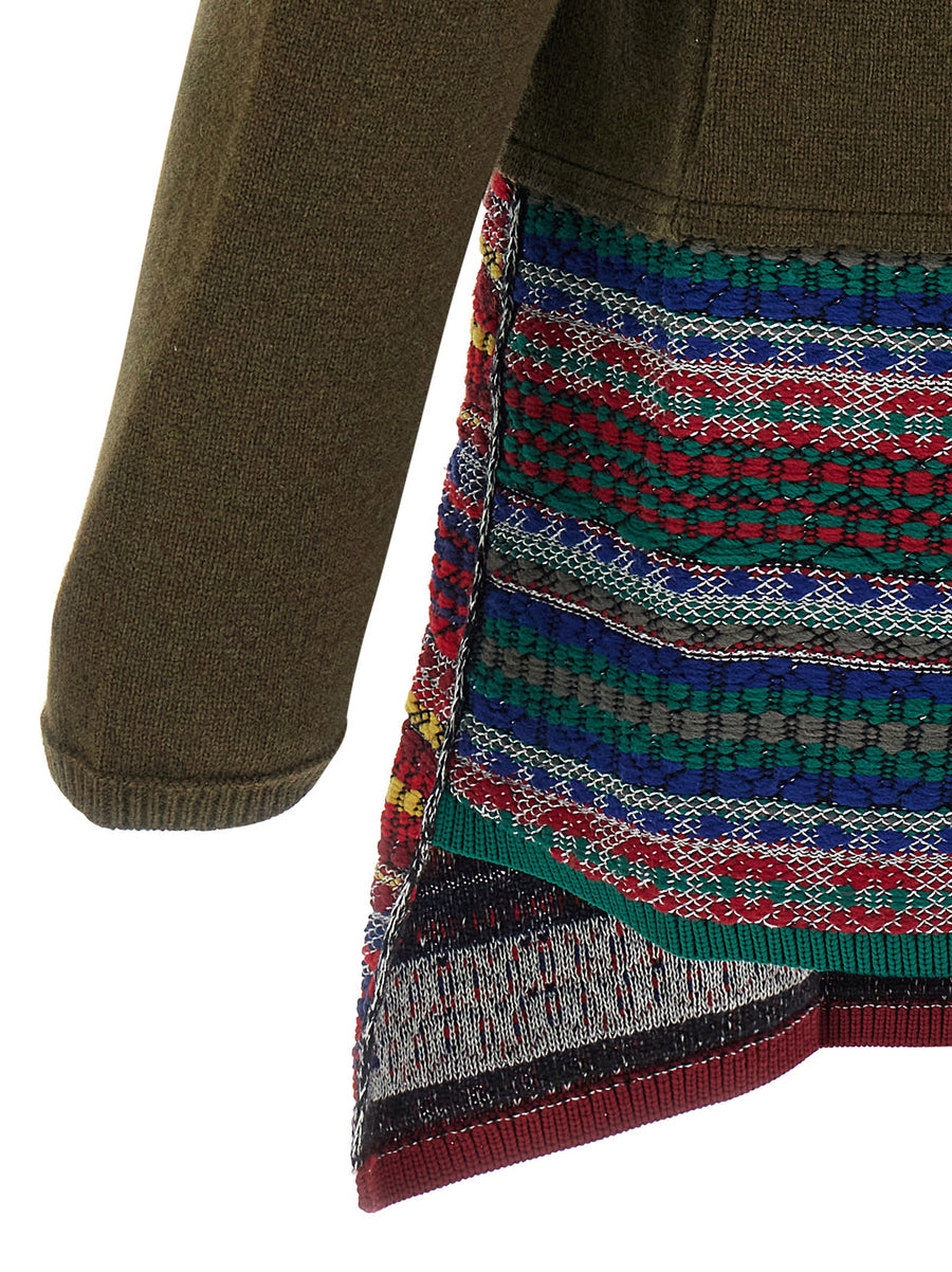 Comme Des Garçons Homme Plus Luxurious Jacquard Insert Cardigan in Green with Asymmetrical Hem Detail for Modern Men