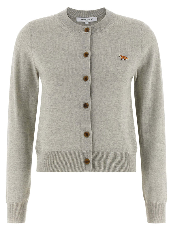 Maison Kitsuné Baby Fox Cardigan For Women 100% Extrafine Wool Gray Crew Neck Versatile Layer Luxury Knit
