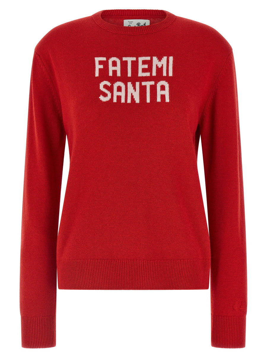 MC2 Saint Barth New Queen Sweater Red Luxe Wool Cashmere Blend With Jacquard Inscription And Logo Embroidery For Women