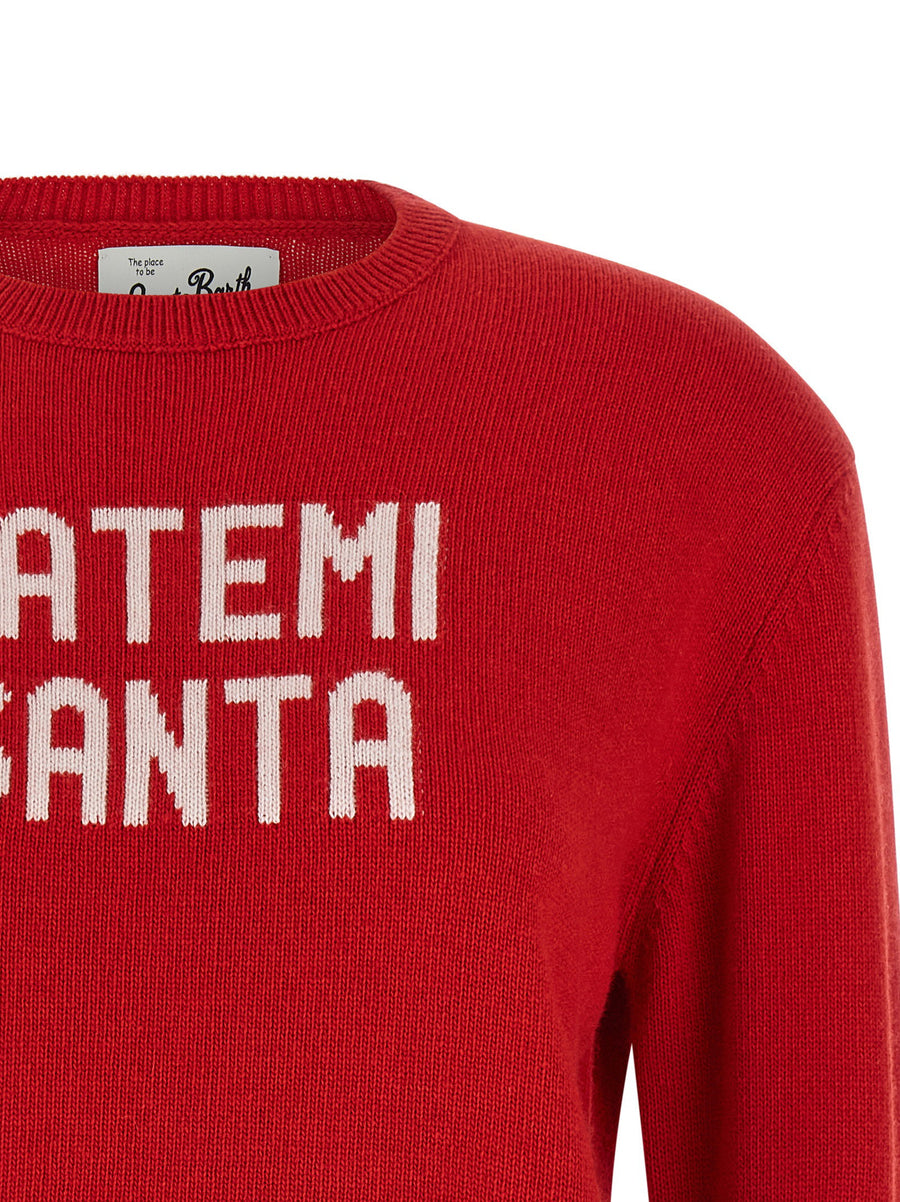 MC2 Saint Barth New Queen Sweater Red Luxe Wool Cashmere Blend With Jacquard Inscription And Logo Embroidery For Women