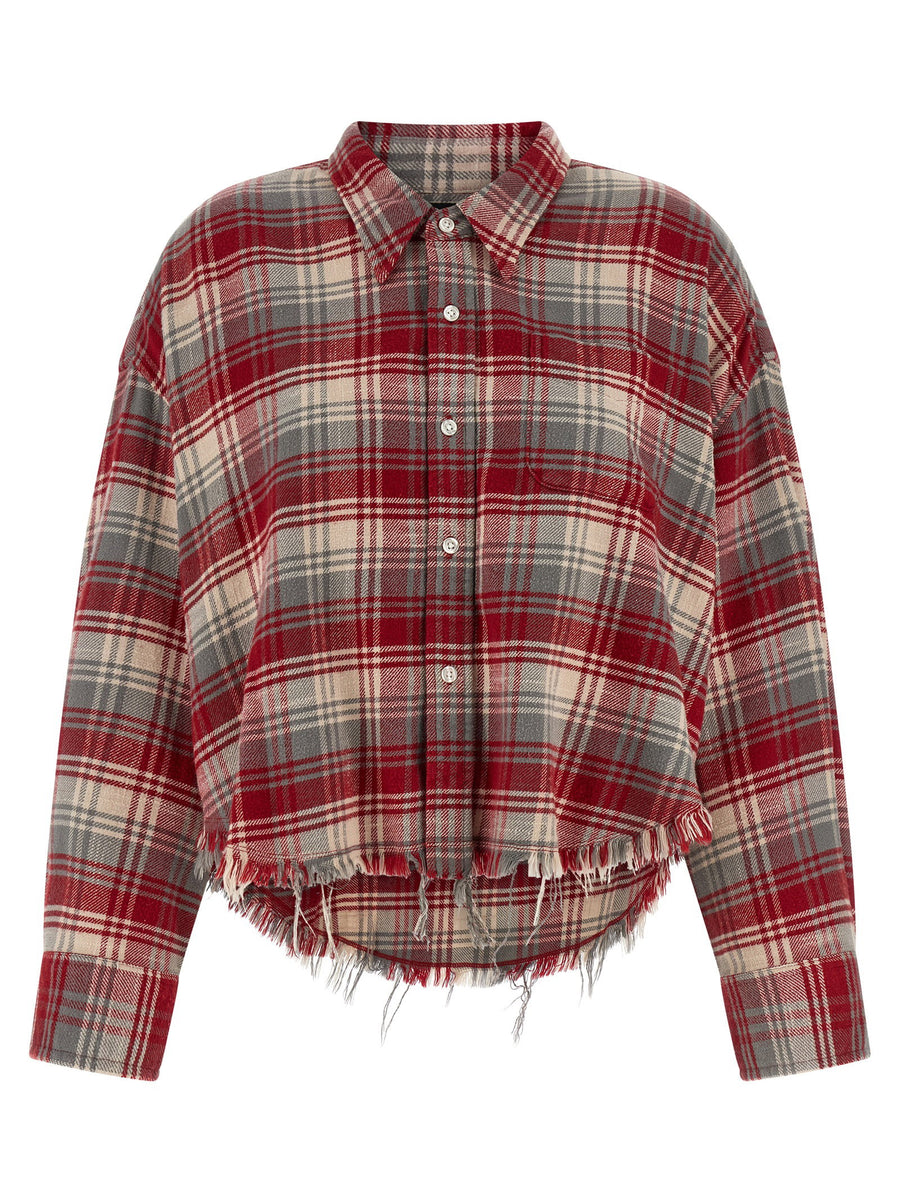 R13 Red Check Print Cropped Cotton Shirt With Fringed Hem