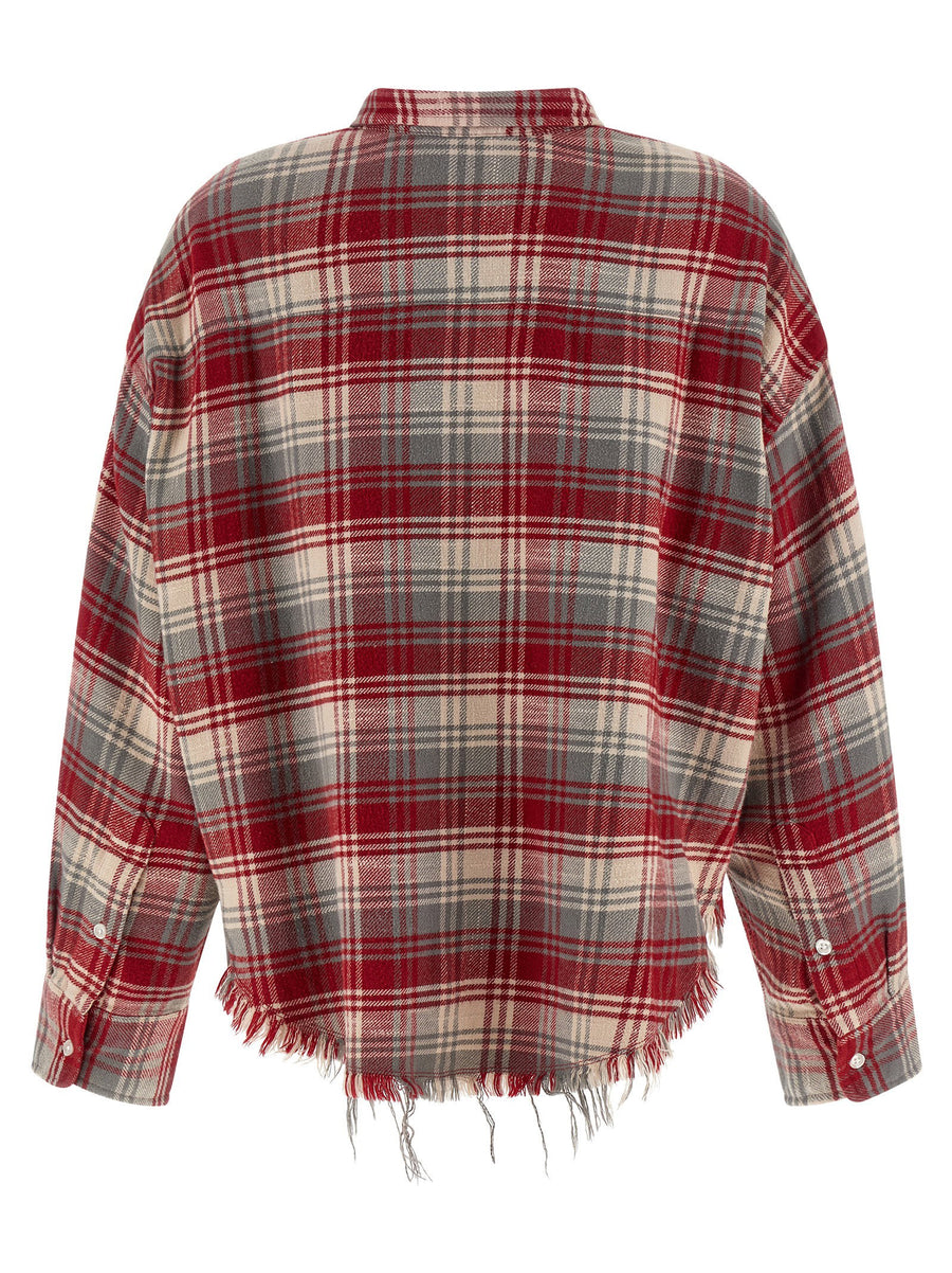R13 Red Check Print Cropped Cotton Shirt With Fringed Hem