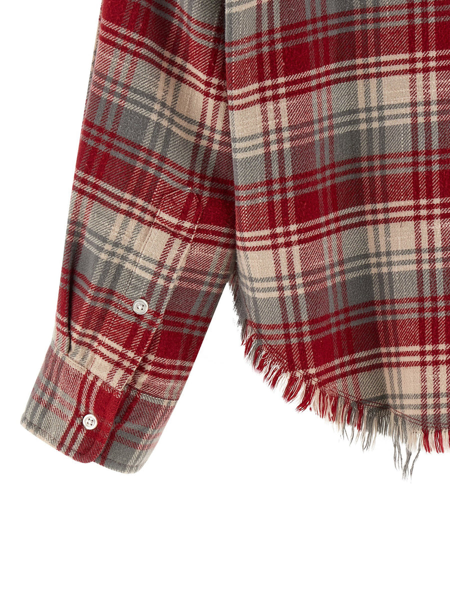 R13 Red Check Print Cropped Cotton Shirt With Fringed Hem