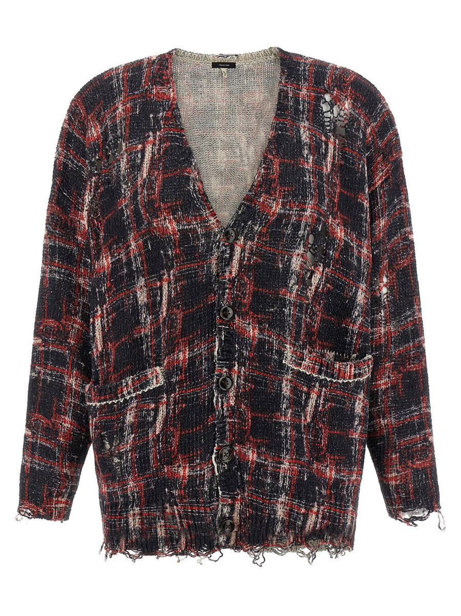 R13 Torn Cardigan Lightweight Linen Blend With Distressed Red Check For Women Streetwear