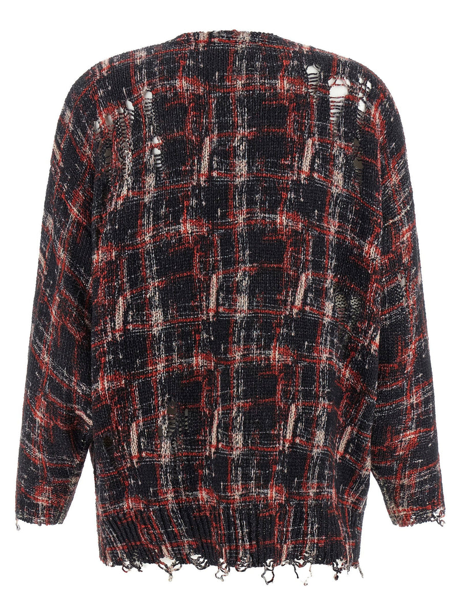 R13 Torn Cardigan Lightweight Linen Blend With Distressed Red Check For Women Streetwear