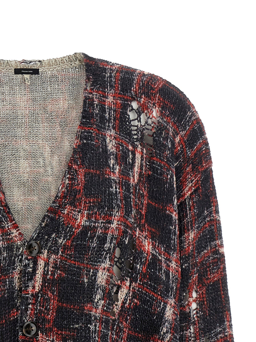 R13 Torn Cardigan Lightweight Linen Blend With Distressed Red Check For Women Streetwear