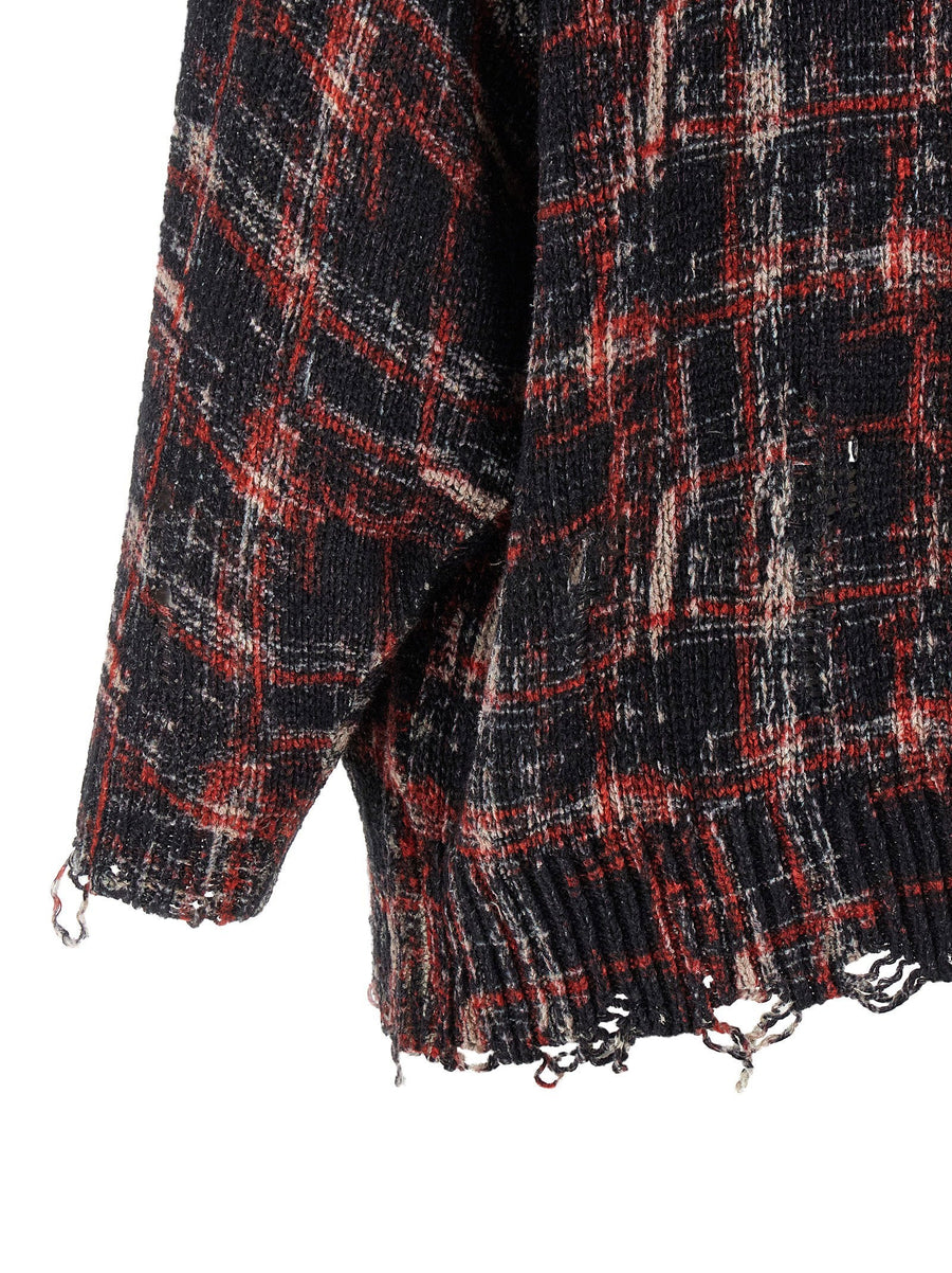 R13 Torn Cardigan Lightweight Linen Blend With Distressed Red Check For Women Streetwear