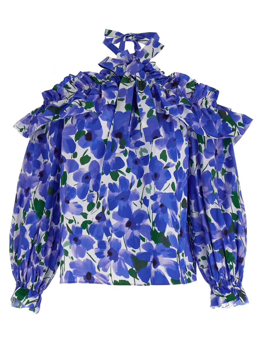 Carolina Herrera Floral Top for Women Off Shoulder Tie Neck Stretch Cotton Luxury Top