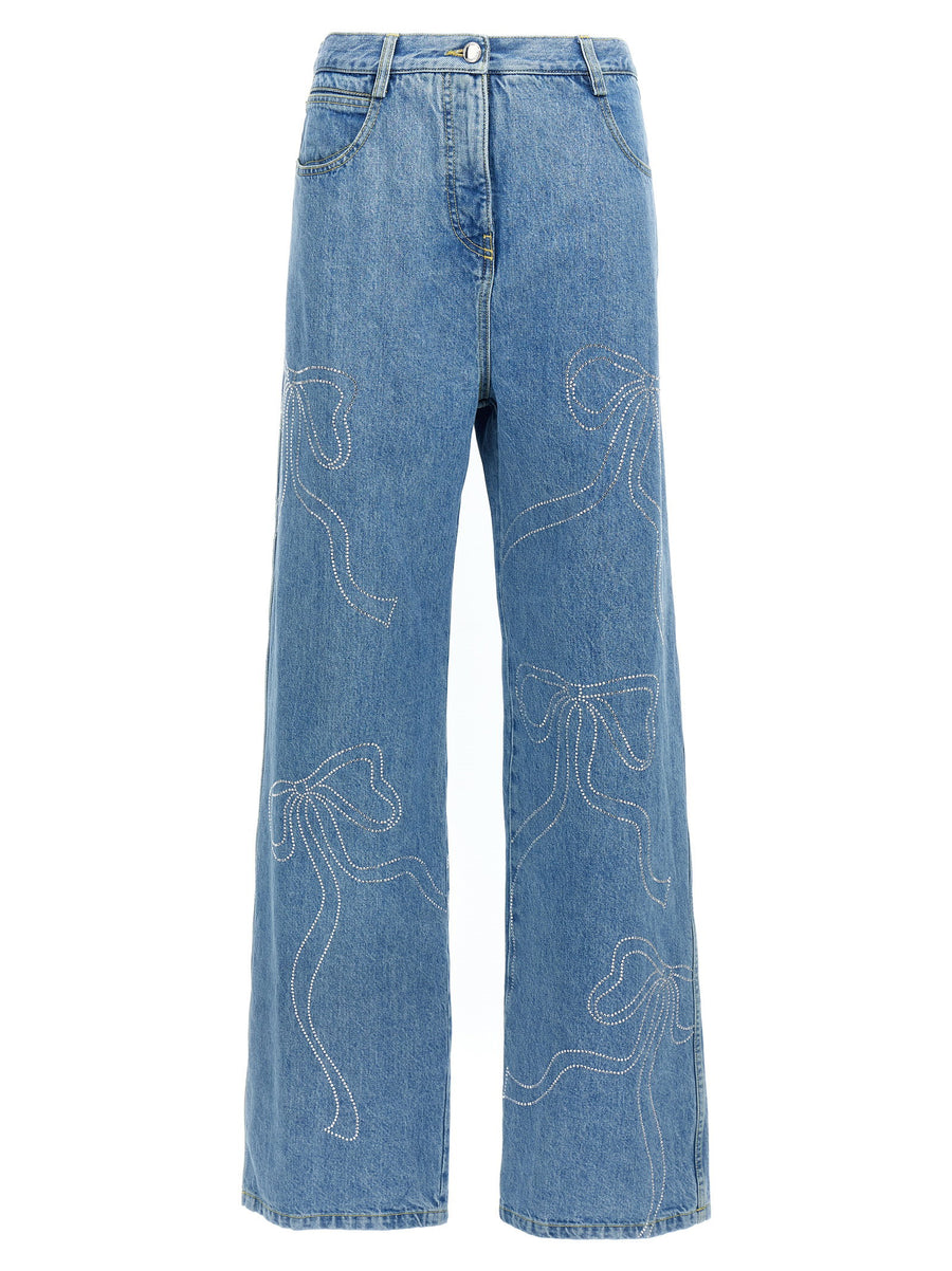 Mach & Mach Crystal Ribbon Jeans Hot Fix Rhinestone Bows Embellished For Women Wide Leg Luxury Denim