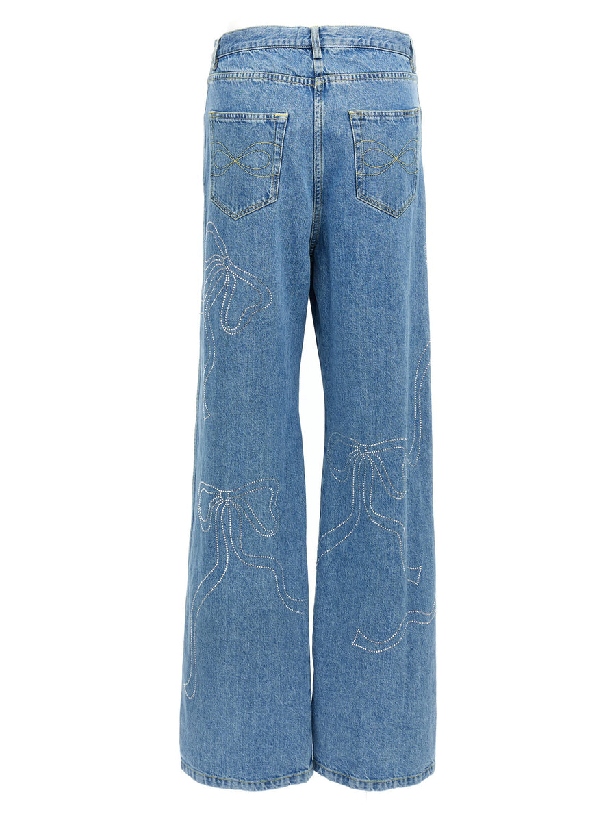 Mach & Mach Crystal Ribbon Jeans Hot Fix Rhinestone Bows Embellished For Women Wide Leg Luxury Denim