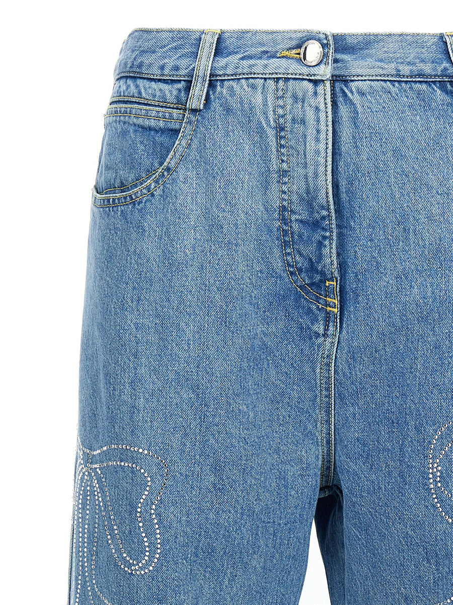 Mach & Mach Crystal Ribbon Jeans Hot Fix Rhinestone Bows Embellished For Women Wide Leg Luxury Denim