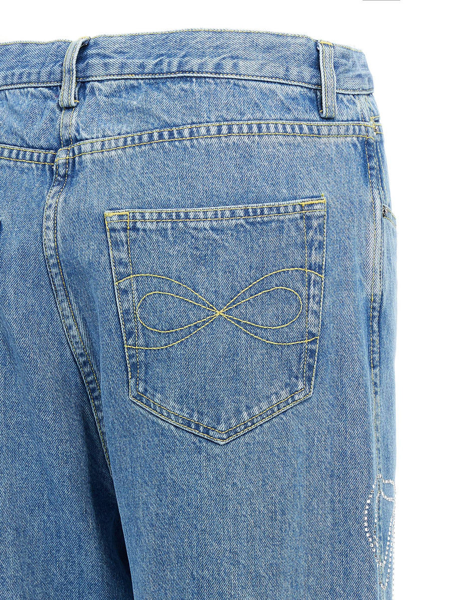 Mach & Mach Crystal Ribbon Jeans Hot Fix Rhinestone Bows Embellished For Women Wide Leg Luxury Denim