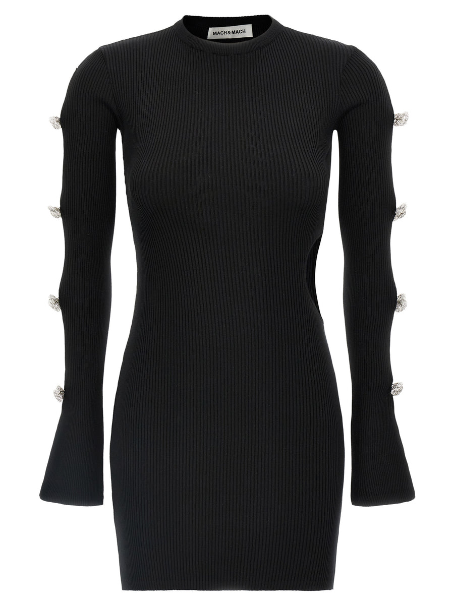 Mach And Mach Cutout Crystal Bow Dress For Women Evening Wear Black Mini With Rhinestones