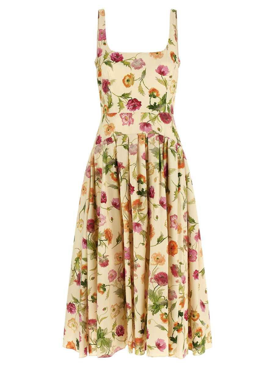 Carolina Herrera Wells Dress Beige Floral Cotton Poplin Midi With Architectural Detailing And Pockets For Modern Women