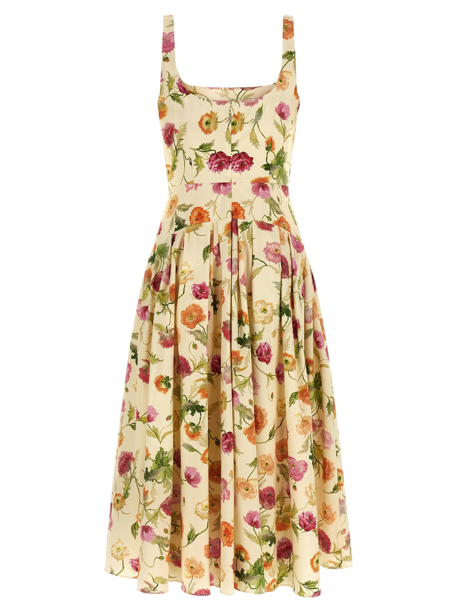 Carolina Herrera Wells Dress Beige Floral Cotton Poplin Midi With Architectural Detailing And Pockets For Modern Women