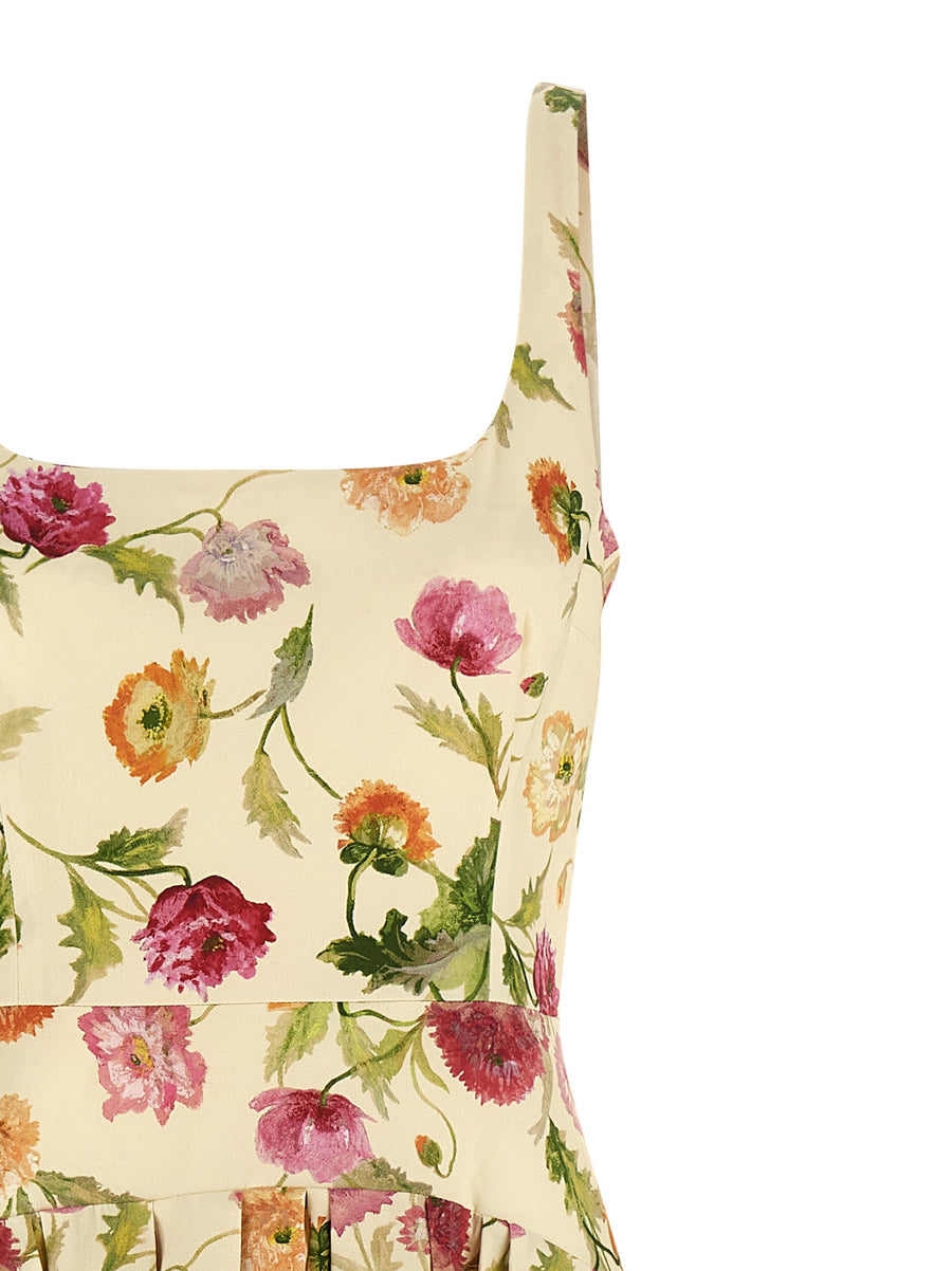 Carolina Herrera Wells Dress Beige Floral Cotton Poplin Midi With Architectural Detailing And Pockets For Modern Women