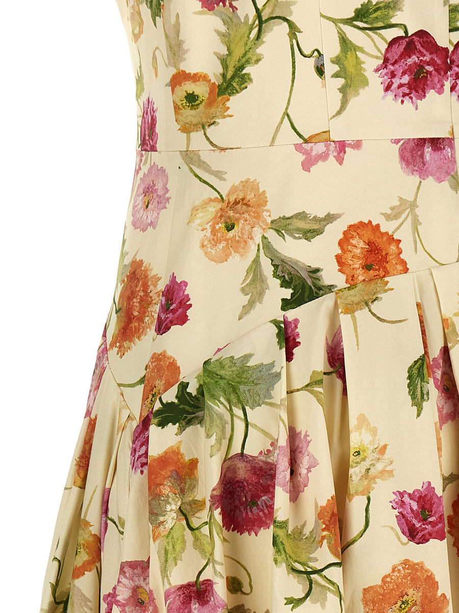 Carolina Herrera Wells Dress Beige Floral Cotton Poplin Midi With Architectural Detailing And Pockets For Modern Women