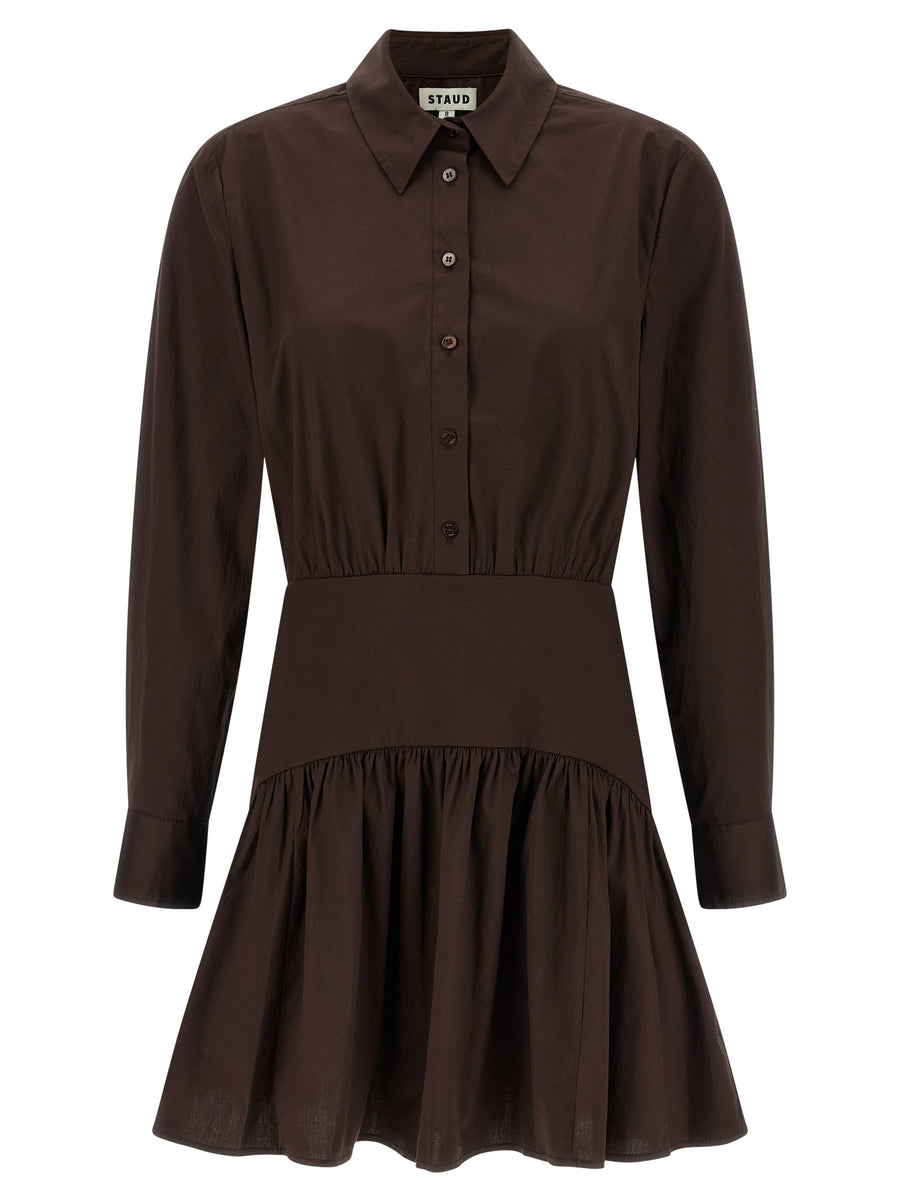 Staud Rocco Dress Brown Cotton Poplin Shirt Dress With Structured Top Button Front Collared And Flared Skirt For Women