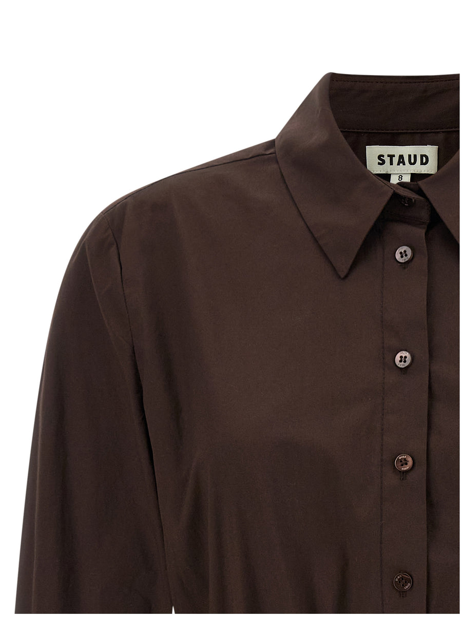 Staud Rocco Dress Brown Cotton Poplin Shirt Dress With Structured Top Button Front Collared And Flared Skirt For Women