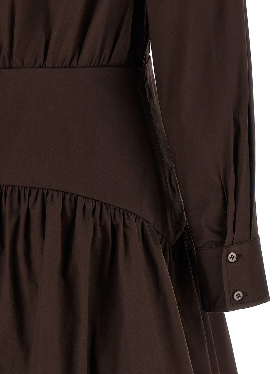Staud Rocco Dress Brown Cotton Poplin Shirt Dress With Structured Top Button Front Collared And Flared Skirt For Women