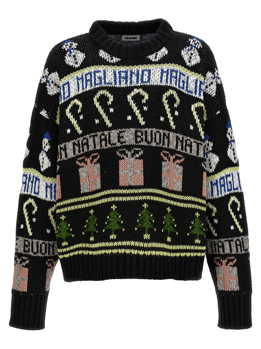 Magliano Buone Feste Festive Knit Sweater For Men Oversized Black Cotton Blend Knitwear