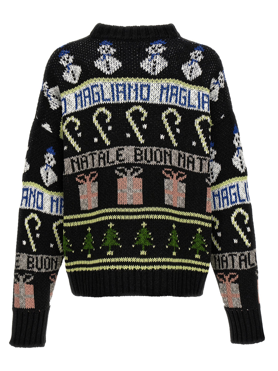 Magliano Buone Feste Festive Knit Sweater For Men Oversized Black Cotton Blend Knitwear