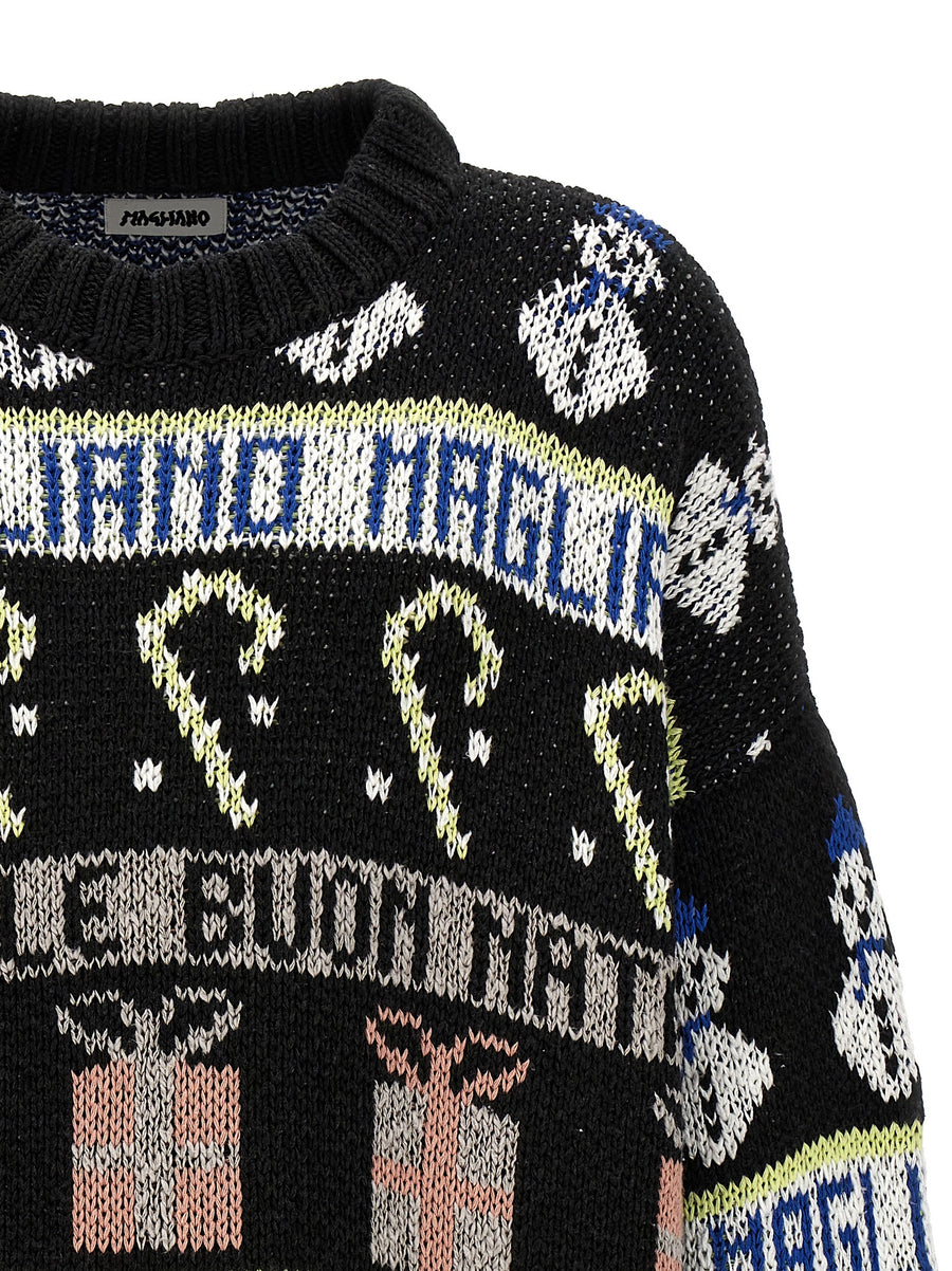 Magliano Buone Feste Festive Knit Sweater For Men Oversized Black Cotton Blend Knitwear