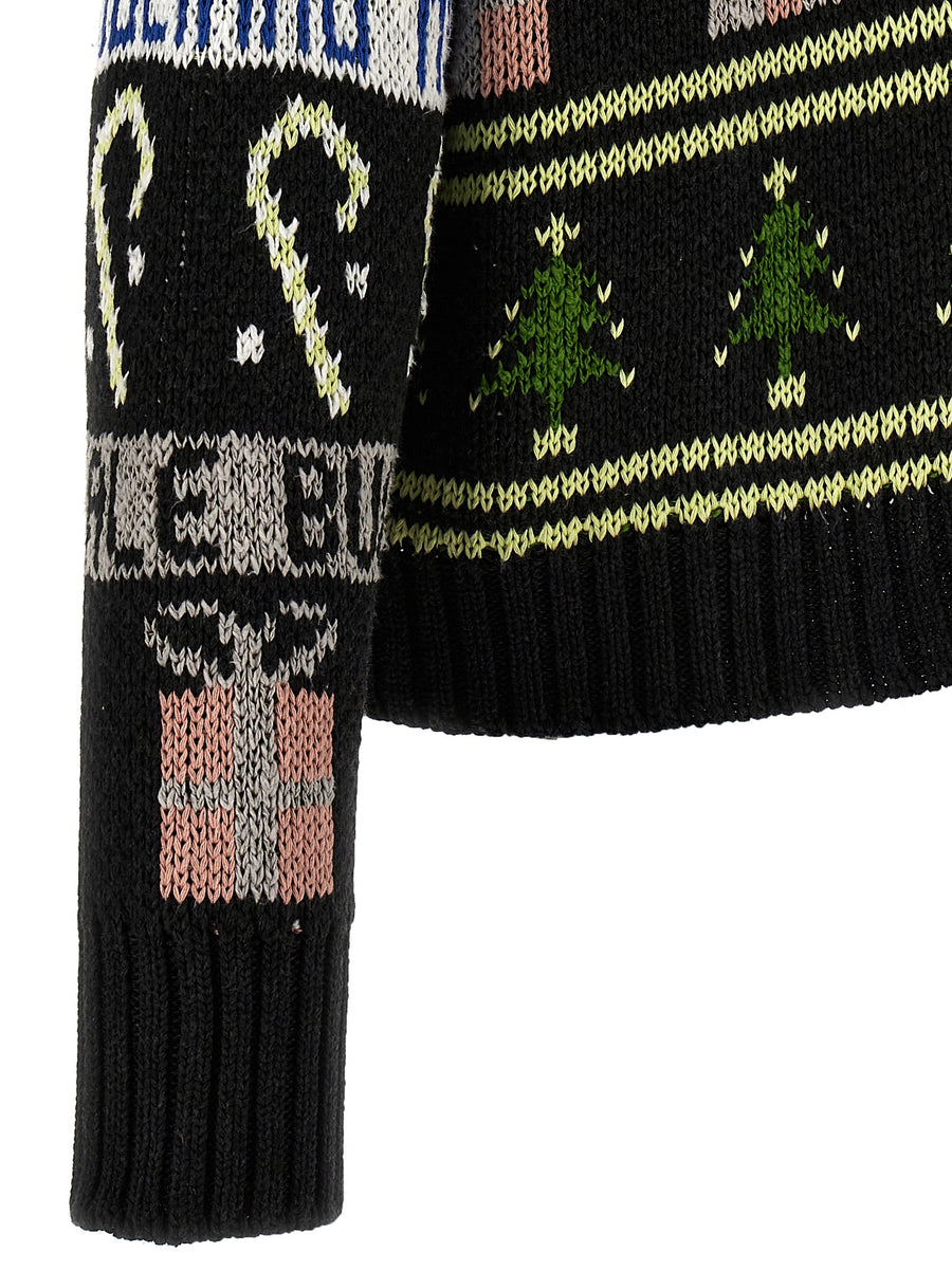 Magliano Buone Feste Festive Knit Sweater For Men Oversized Black Cotton Blend Knitwear