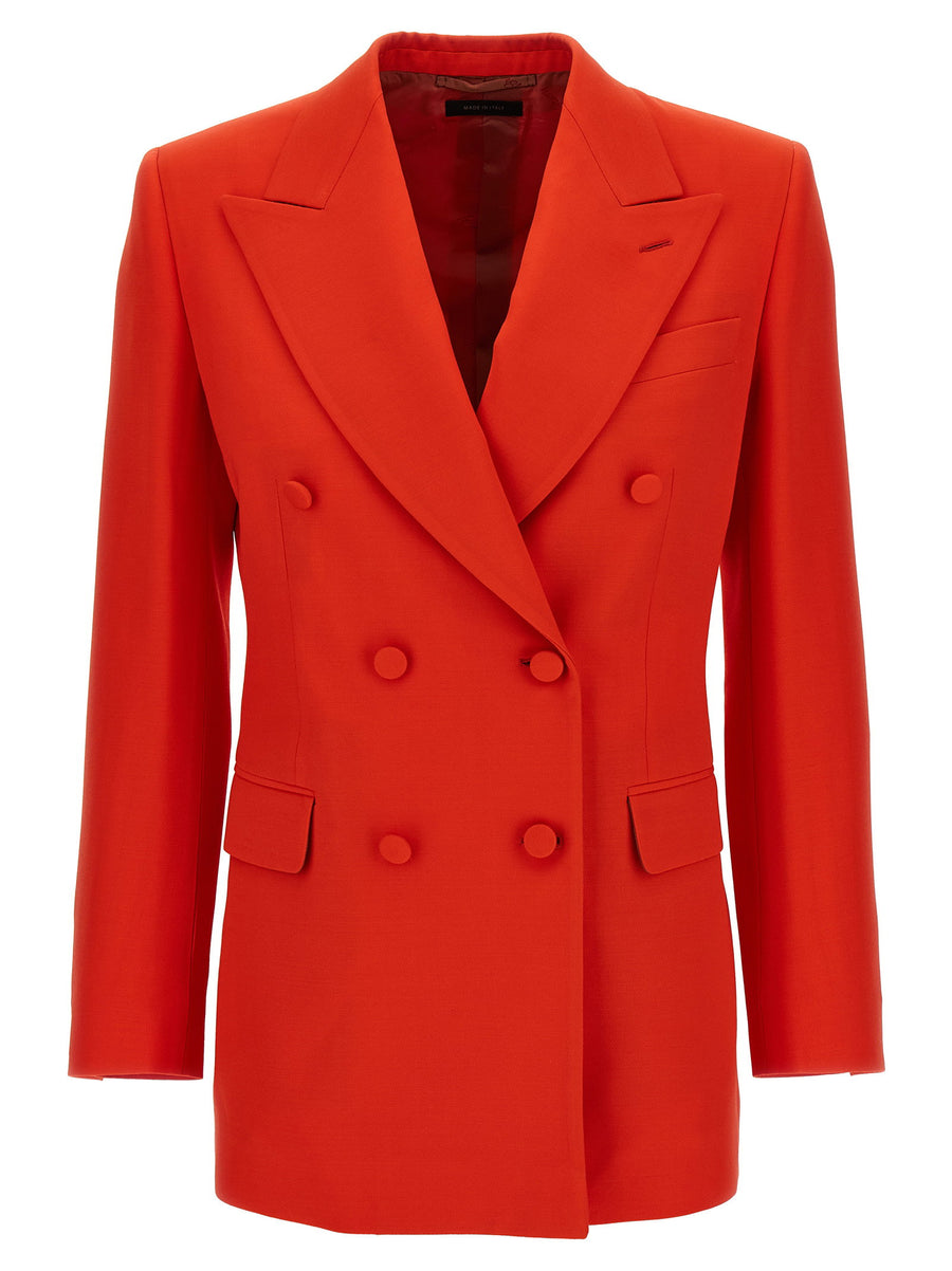 Brioni Flavia Red Wool Silk Double Breasted Blazer For Women Luxury Officewear Timeless Silhouette