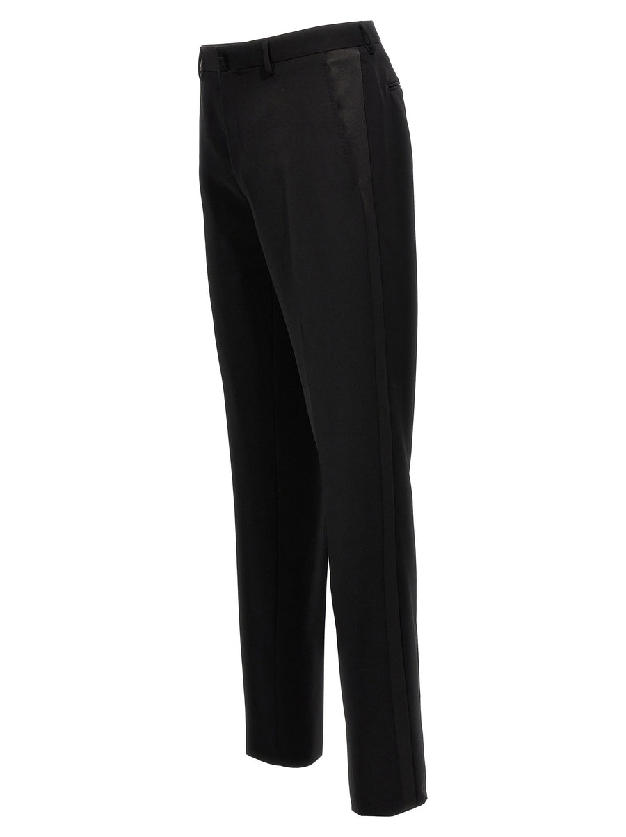 Lanvin Tuxedo Pants Black Pure Wool Satin Side Band Tailored For Men Luxury Eveningwear