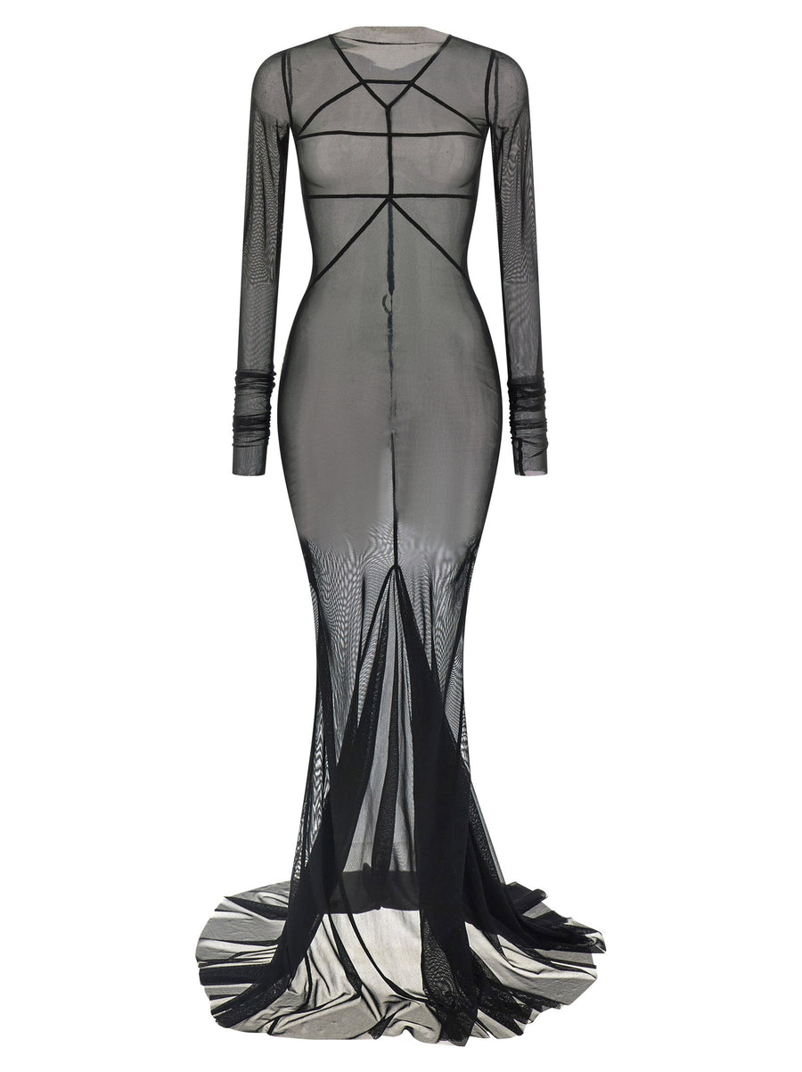 Rick Owens Temple Dress For Fashion Forward Women Ultra Long Black Nylon Tulle With Sculptural Couture Silhouette