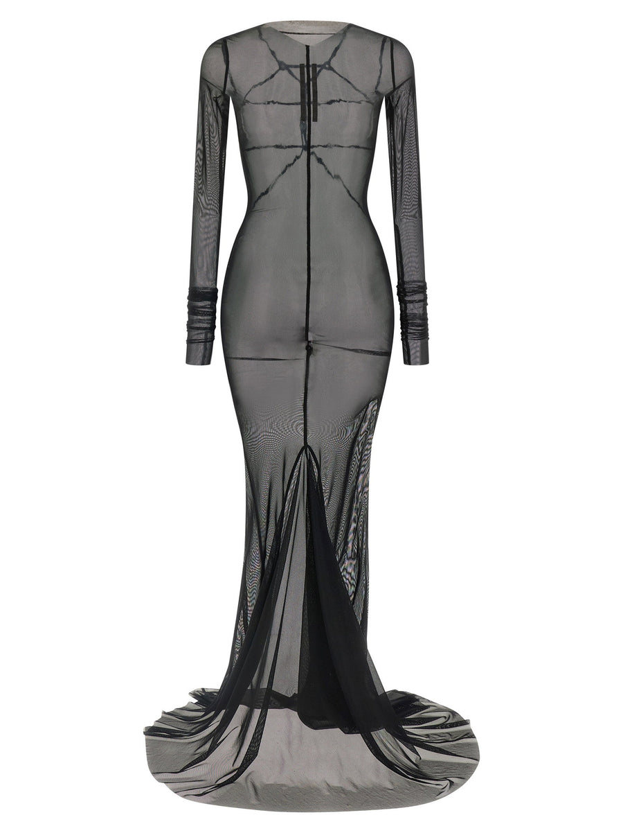 Rick Owens Temple Dress For Fashion Forward Women Ultra Long Black Nylon Tulle With Sculptural Couture Silhouette