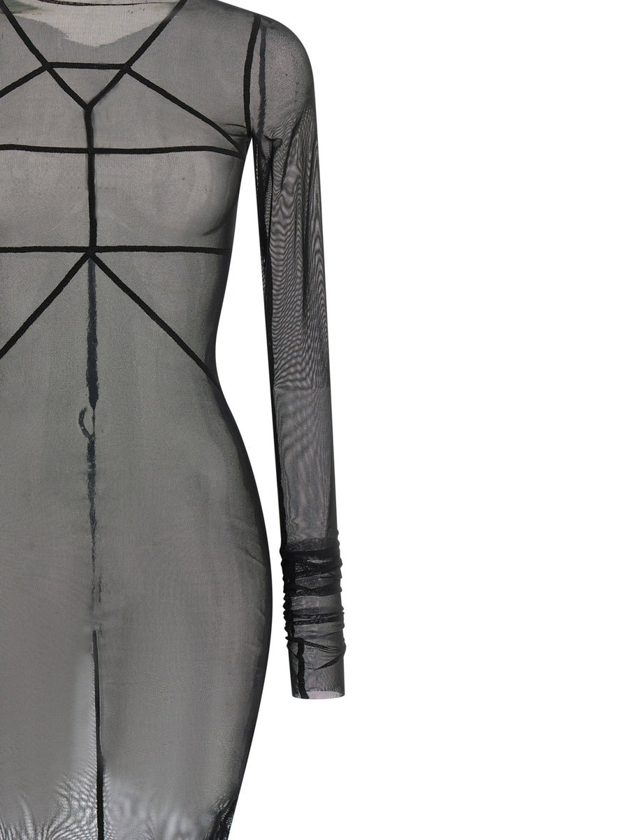 Rick Owens Temple Dress For Fashion Forward Women Ultra Long Black Nylon Tulle With Sculptural Couture Silhouette