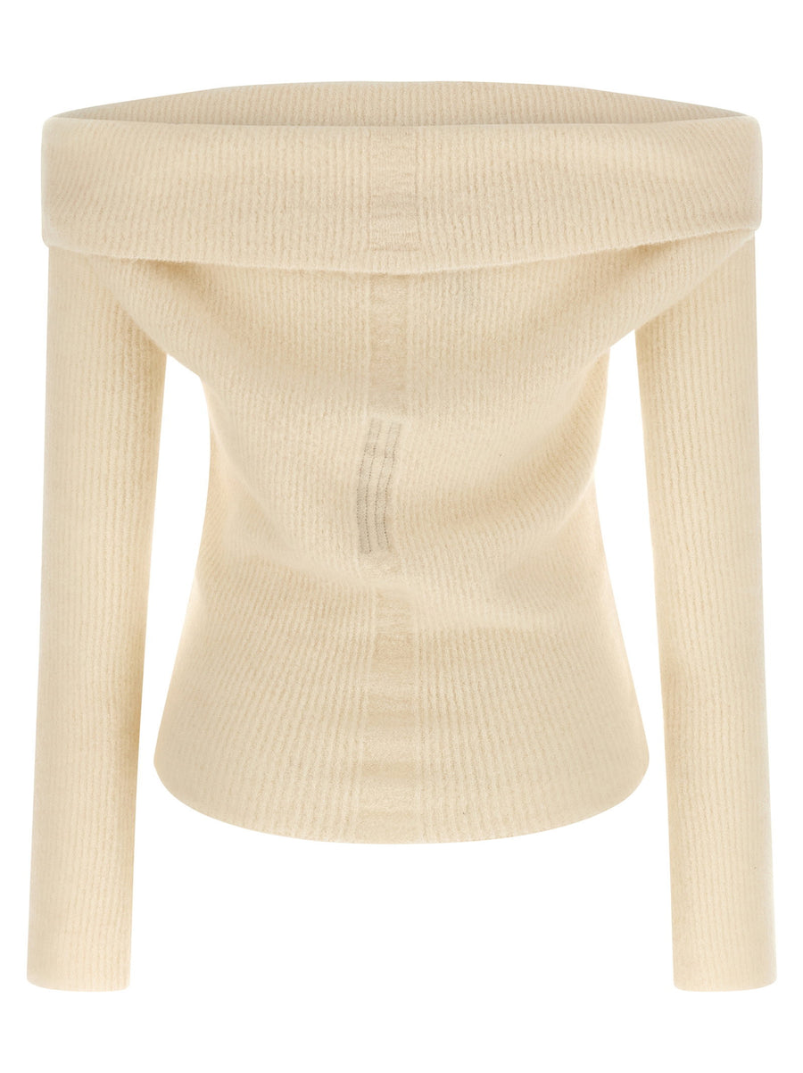 Rick Owens Women Cowl Sweater Long Sleeve Ribbed Wool Off Shoulder Luxurious Turned Neckline